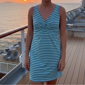 Ann Taylor Blue Green Striped Knit Dress M Nautical Chic V-Neck Sheath Summer 🌊💙